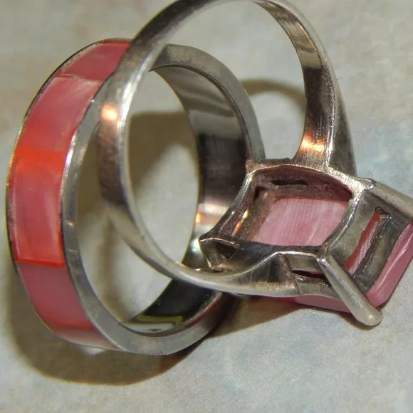 Two for One Pink Abalone Rings The Rectangle Stone is 925 Silver - Picture 5 of 9